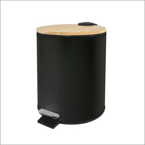 Cubo de basura redondo para el hogar, papelera de Pedal con tapa de Bambú