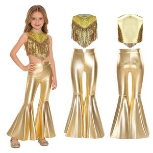 Conjunto de 2 piezas de disfraz de discoteca de los años 70 para niñas de 6 a 16 años, top metálico brillante con pantalones para eventos temáticos, actuaciones en escenario y baile. - Product Image 2