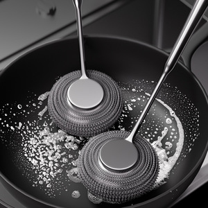 Stainless Steel Pot Scrubber Long Handle Replaceable Head Kitchen Cleaning Brush Ball Shape Dishwashing Tool - Product Image 2