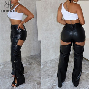 Pantaloni da donna in similpelle a vita alta dritti in PU, eleganti, invernali 2025, con bottoni, intagliati, a gamba larga, tinta unita - Product Image 2