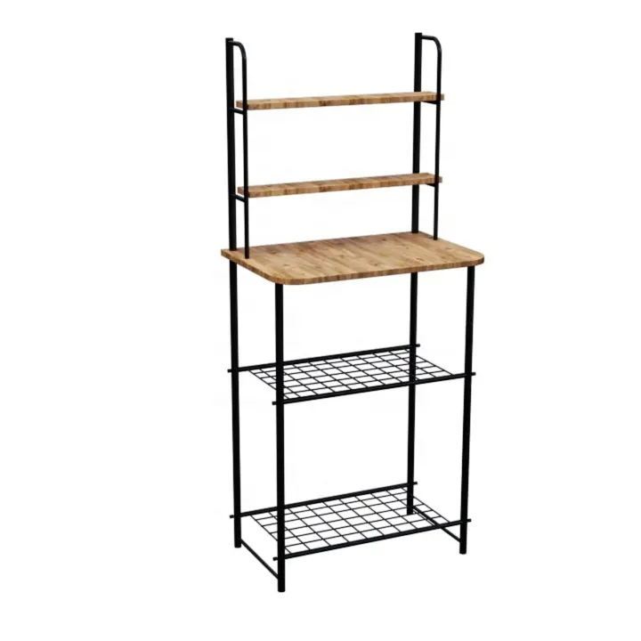 Wholesale Kitchen Bakers Rack Microwave Stand with Mesh Basket Coffee Station Storage Shelf Drink Display Rack Dish Cup Shelves