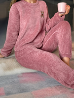 Pyjama thermique d'hiver en flanelle pour femme, 100 % polyester, 220 g, uni, col lisse, manches longues, longueur intégrale, cordon de serrage, vacances, ODM