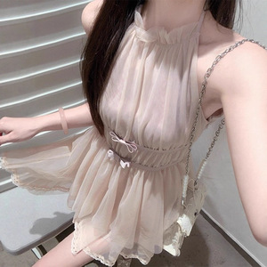 Pink Halter Neck Bow Dress <b>Elastic</b> Waist Mini <b>Skirt</b> Daily Casual Style - Product Image 4