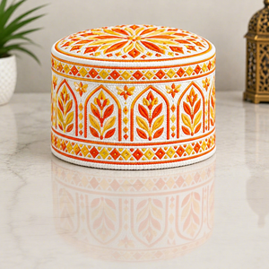 Chapeau Kufi islamique brodé blanc et orange, bonnet de prière en coton, motif géométrique ethnique - Product Image 1