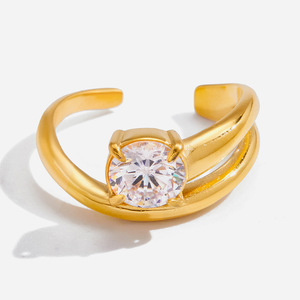 แหวนเปิดสองชั้นสแตนเลสสตีล 18K ประดับเพชรซิร์คอน ดีไซน์เรขาคณิต สำหรับผู้หญิง ของขวัญเครื่องประดับแฟชั่น - Product Image 1