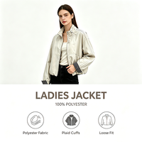 Veste décontractée zippée en polyester pour femme, blanc cassé, col montant, cordon de serrage, coupe courte, poches fendues, garniture à carreaux, ourlet élastique