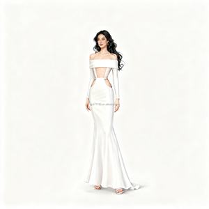 Ensemble deux pièces à épaules dénudées pour femmes haut court découpé et jupe Maxi sirène élégante robe à manches longues avec robe de cause à dos ouvert - Product Image 1