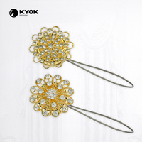 Attache de rideau élastique dorée en forme de fleur creuse avec strass