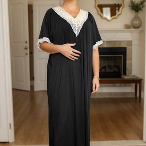 Pigiama <span class=keywords><strong>da</strong></span> Donna in Seta di Latte, <span class=keywords><strong>Camicia</strong></span> <span class=keywords><strong>da</strong></span> <span class=keywords><strong>Notte</strong></span> Sexy con Scollo a V in Pizzo Nero, Traspirante e a Maniche Corte - Product Image 1