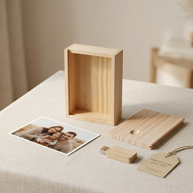 Wood Flash Drive USB Photo Gift Memory Package Gift Box with Sliding Lid Natural Color Wholesale Price