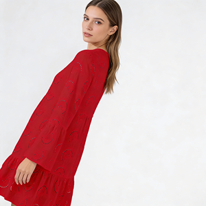 Vestido Casual de Verano para Mujer, Rojo, con Bordado de Ojales, Manga Acampanada, Escalonado, Largo hasta la Rodilla, Lavable, para Primavera y Otoño - Product Image 4