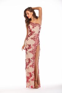Robe de soirée sexy à une épaule, de haute qualité, pour mariage, avec perles, tube, paillettes, broderie, fente haute, robes de soirée élégantes, robes rouges - Product Image 3
