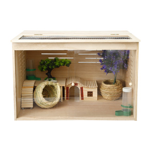 Jaula rectangular de madera para animales pequeños, hábitat duradero para mascotas, caja de cría para hámsteres y conejos con casa y botella de agua. - Product Image 2