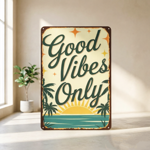 Targa <span class=keywords><strong>Vintage</strong></span> in Metallo 'Good <span class=keywords><strong>Vibes</strong></span> Only', Placca Retrò con Motivi Tropicali e di Spiaggia, Decorazione Murale Estiva per Casa Costiera, Bar, Man Cave - Product Image 1