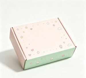 Boîte cadeau rigide rose menthe avec motif étoiles, cœurs et fleurs, rectangulaire, en papier écologique, impression quadricolore, emballage artisanal - Product Image 1
