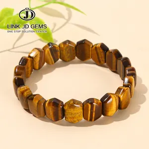 JD vente en gros de bijoux faits à la main Bracelets d'énergie Bracelets extensibles naturel jaune yeux de tigre pierre forme hexagonale perles plates bracelet