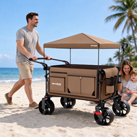 Chariot utilitaire pliable en métal à quatre roues avec auvent pare-soleil et poignée de poussée/tirage pour la plage, le camping, le jardin et les courses