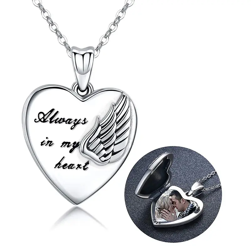 Holds Pictures 925 Sterling Silver Sublimation Personalized Photos Custom Angel Wings Heart Locket Necklace