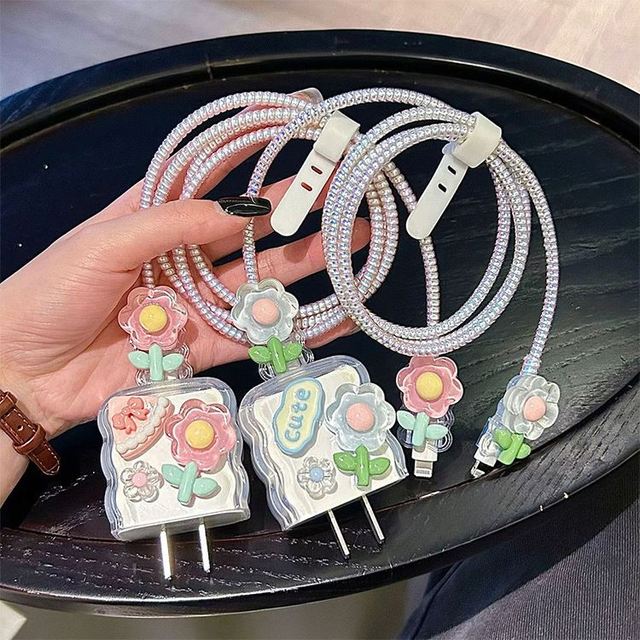 3D Cute Flower Charger Protector and Cable Wire for iPhone Charger case 18W 20W Cover US and EU Adapter