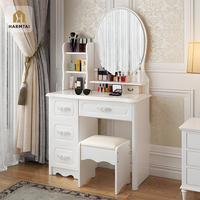 Ensemble coiffeuse moderne européenne blanche HarmTai avec miroir LED annulaire, meuble de rangement multifonction et tabouret inclus pour chambre à coucher