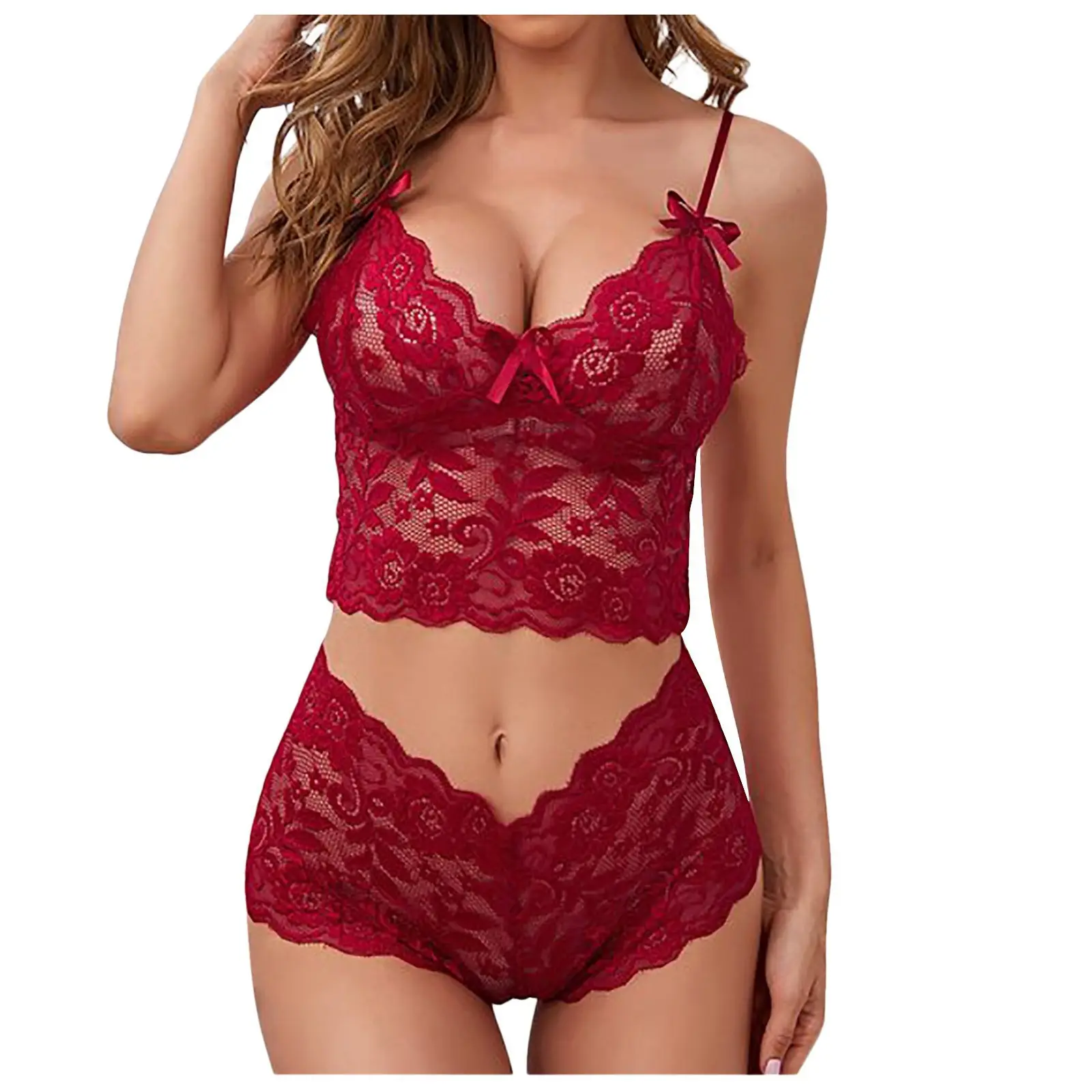 Día de San Valentín Lencería sexy Chaleco de encaje Pantalones cortos 2 piezas Traje de malla Halter Camiseta sin mangas y bragas breves Ropa de dos piezas Conjuntos de mujer