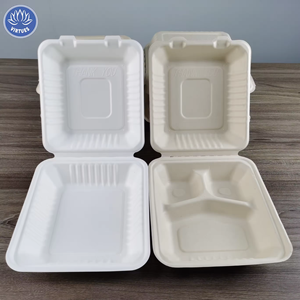 美德标志印刷矩形翻盖饭盒8x8 9x9 3隔层取走餐具甘蔗渣食品容器 - Product Image 1