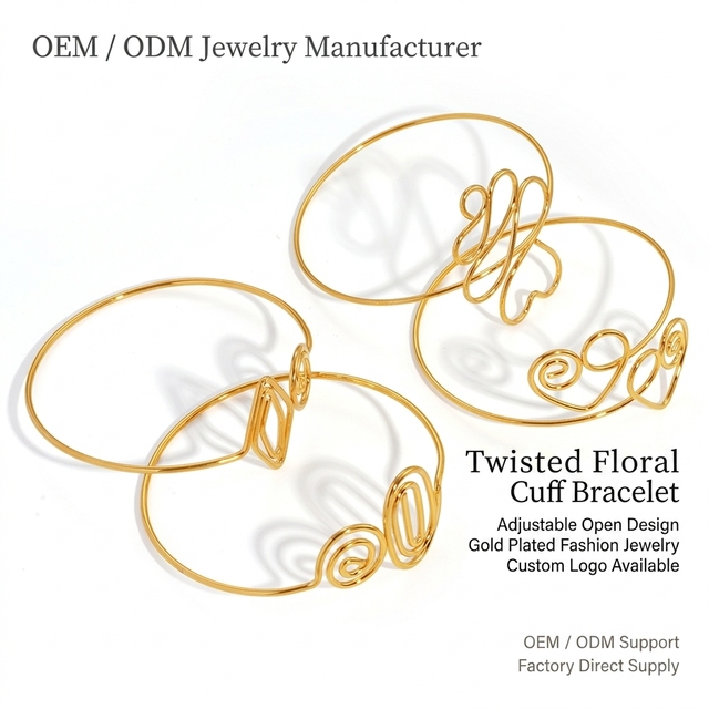 Minimalist Twisted Floral Bracelet Women Fashion Jewelry Gold Plated Open Cuff Adjustable Customizable OEM Jewelry Factory