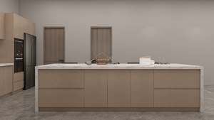 Cuisine moderne en mélamine à grain de bois, îlot en cascade en forme de L avec rangement - Product Image 3