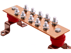 10-way copper terminal <b>block</b> with red insulators and metal <b>mounting</b> brackets; customizable materials - Product Image 3