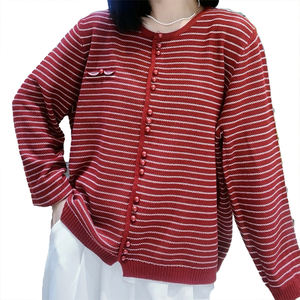 Cardigan en tricot de coton pour femme, style printemps-automne, rayé, polyvalent, décontracté, couleur contrastée, veste rétro, pull décontracté - Product Image 6