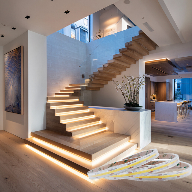 COB LED IP67 Stair Light Strip 2700K Warm White Remote Control Seamless Step Lighting Cuttable Flexible LED Strip for Stairs