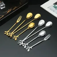 Nouvelles cuillères à mélanger en acier inoxydable, forme de feuille, dorées et argentées, cuillère à café, couverts, cuillère à dessert à long manche, fourchette