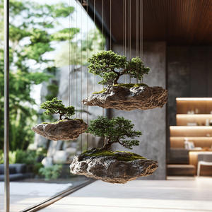 Смоделированный мечтательный зеленый плавучий остров с креативными рокариями и подвесными моховыми растениями, коммерческие украшения для окна сада - Product Image 3