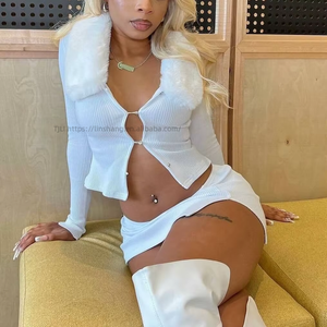 Fall/Winter Women's Faux Fur Collar Lace-Up Button-Up Long-Sleeve Top With <b>Split</b> <b>Skirt</b> Casual 2-Piece Set Fashion - Product Image 2