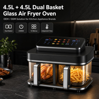 Penggorengan Udara Digital Elektrik OEM Baru dengan Wadah Masak Transparan Kaca Ganda, Keranjang Ganda, untuk Seluruh Keluarga