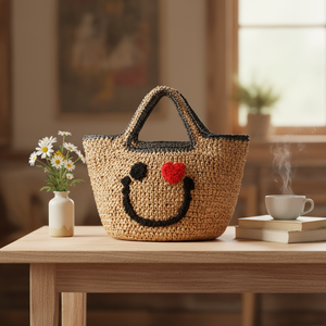 Borsa Tote Artigianale in Paglia Intrecciata da Donna, Stile Vintage, Portatile, Riutilizzabile, Casual, con Motivo Sorriso, Grande Capacità - Product Image 2