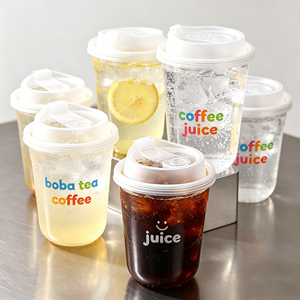 Vasos Desechables de Plástico PET Transparente de 93 mm y 9 oz con Tapa de Cúpula, Servilleta y Logotipo Personalizable con Impresión UV para Bebidas Frías - Product Image 1