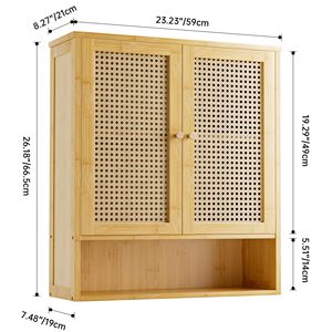Armoire murale de salle de bains en <span class=keywords><strong>bambou</strong></span>, organisateur de rangement en <span class=keywords><strong>bambou</strong></span> au-dessus des toilettes avec 2 portes en <span class=keywords><strong>rotin</strong></span>, étagère réglable en bois - Product Image 2