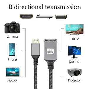 Câble <span class=keywords><strong>Mini</strong></span> <span class=keywords><strong>HDMI</strong></span> vers <span class=keywords><strong>HDMI</strong></span> femelle 4K 60Hz 90 degrés, <span class=keywords><strong>cordon</strong></span> d'extension tressé en nylon pour ordinateurs portables, moniteurs, téléviseurs HD, électronique grand public - Product Image 3