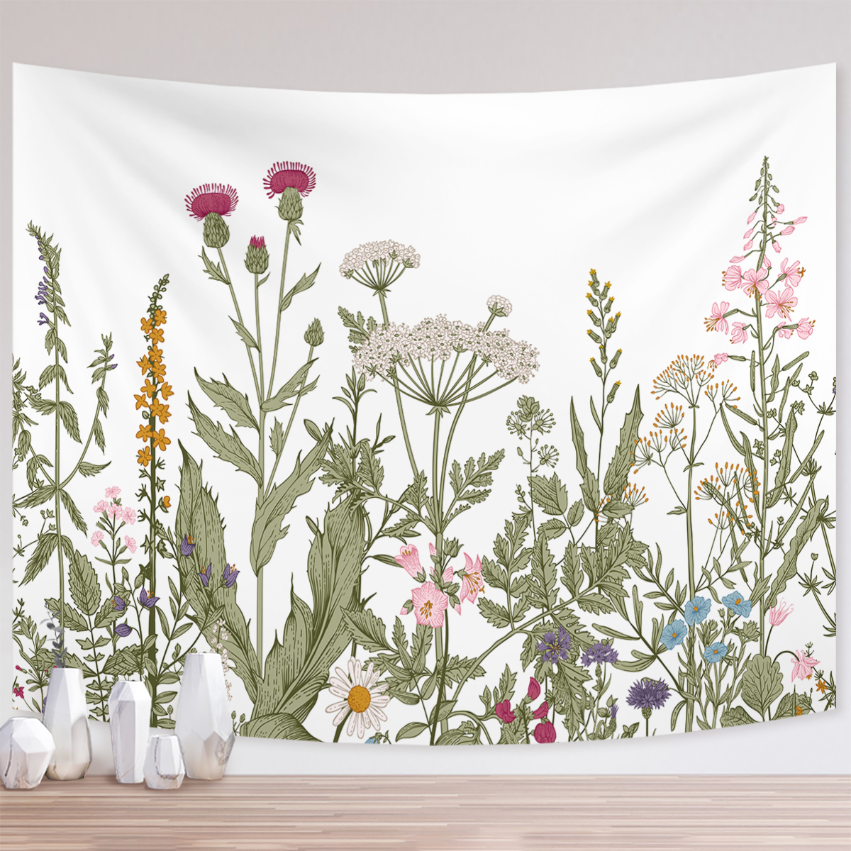 Custom Size 3D Printing Modern Flower Floral Plants Green White Spring Wall Hanging Tapestry