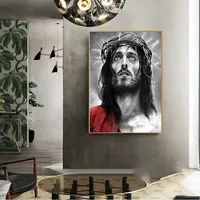 Peinture sur Toile Abstraite Noir et Blanc : Portrait de Jésus, Décoration Murale Chrétienne pour Salon et Intérieur de Maison