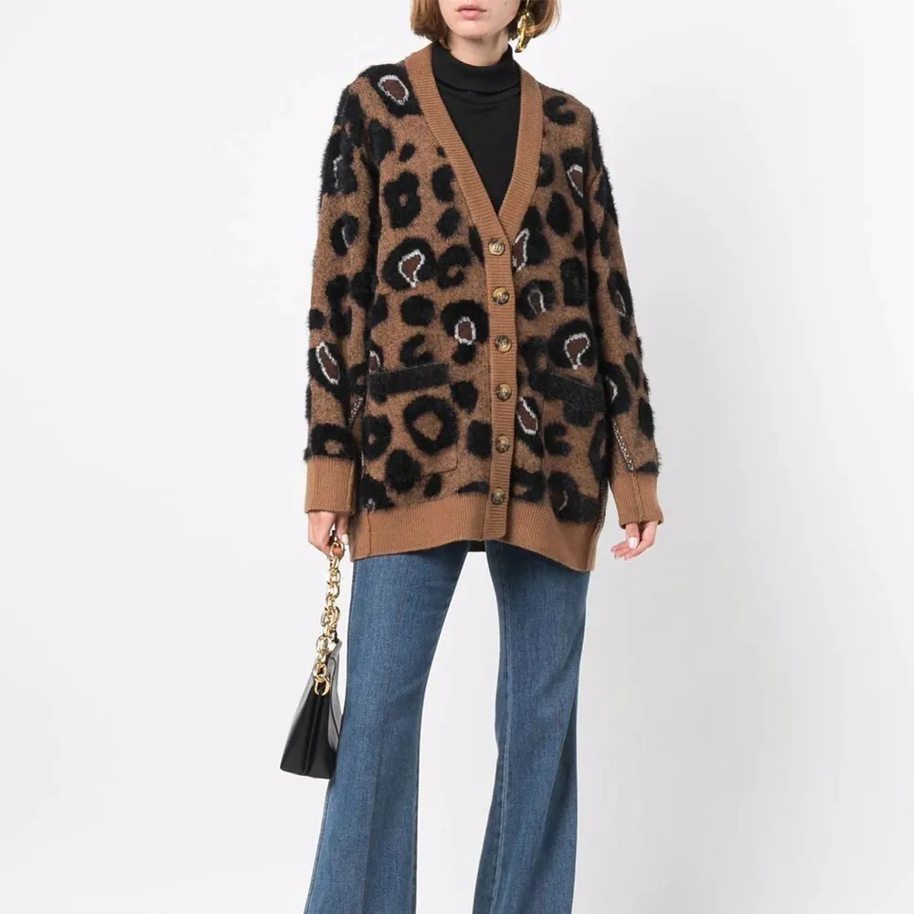 2023 custom Leopard print winter button long cardigans sweater for women
