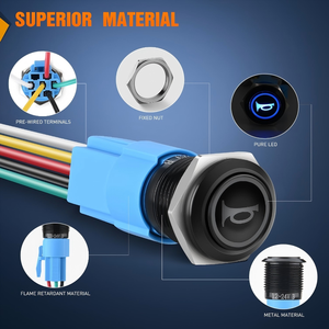 Araba modifikasyonu için 16MM paslanmaz çelik kabuk anlık basmalı düğme anahtarı mavi LED ışık yükseltilmiş hoparlör boynuz IP65 Metal SPDT - Product Image 5