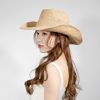 Chapeau de cowboy tendance en paille de raphia fait main, chapeau de soleil de plage à large bord pour femmes et hommes