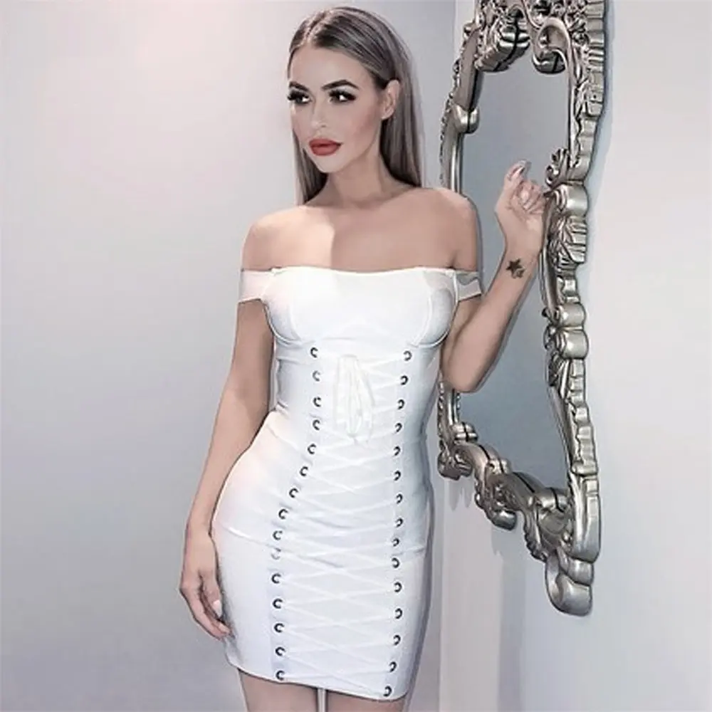 women casual short bandage dress hot sale off shoulder tight rope bodycon dresses Fashion lace up American Girls' Clothing