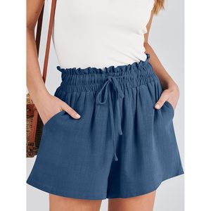FOXA Pantalones cortos de lino para mujer, de verano, de cintura alta, con cordón, holgados, de pierna ancha, informales, para vacaciones en la playa, con bolsillos - Product Image 3