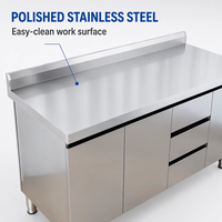 Table de travail en acier inoxydable poli certifiée CE, capacité de charge de 800 kg, avec tiroirs et crédence pour la cuisine des restaurants