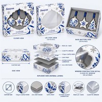 Ornement de Noël en CÉRAMIQUE avec logo personnalisé, base rigide et couvercle, boîte cadeau avec fenêtre transparente en PVC, impression CMYK et pelliculage brillant