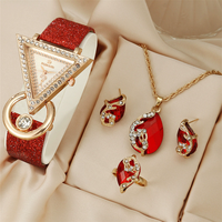 Sans Boîte Populaire Montre à Quartz en Cuir pour Femme Incrustée de Diamants Triangulaires, Collier, Boucles d'Oreilles et Bague - Ensemble Parure