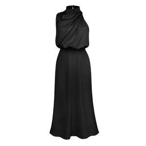 Robe femme mode mariage demoiselle d'honneur solide demi col haut mince mince longueur moyenne jupe licou Satin femme robe de soirée - Product Image 4